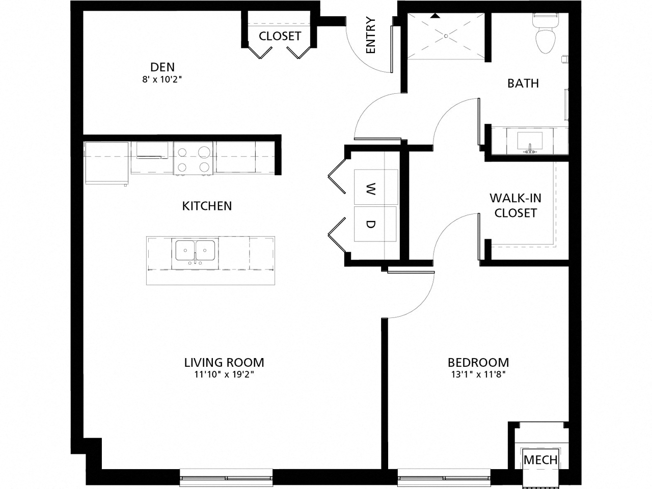 Floor plan for 1 bed, 1 bath, 953 sqft